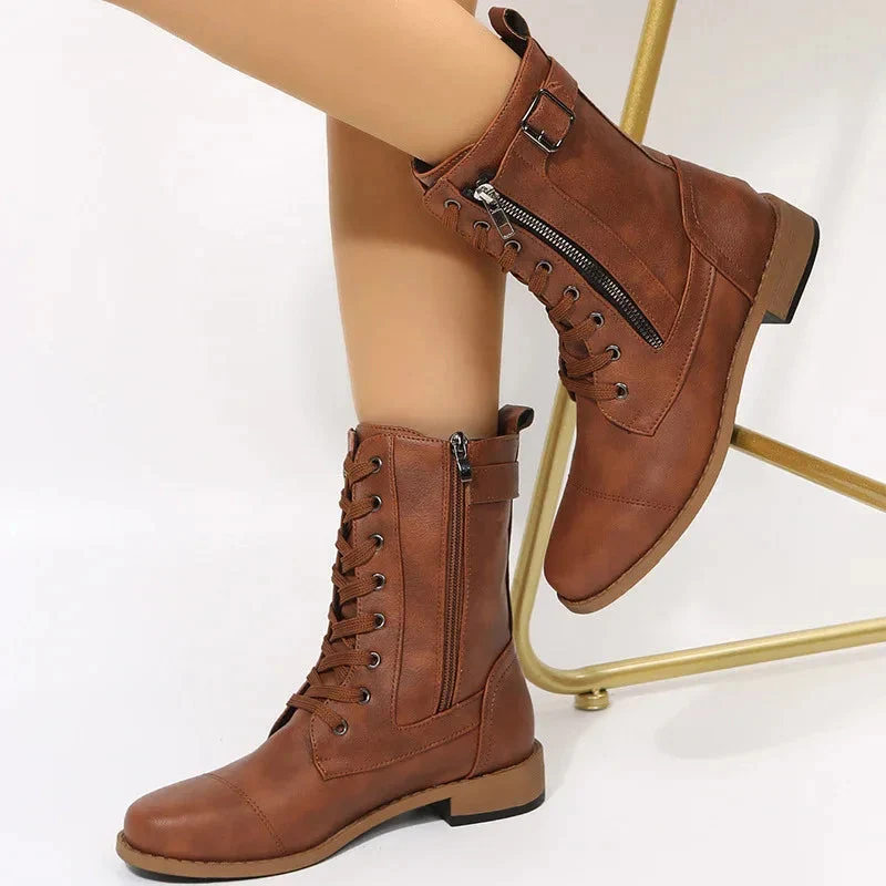 Lace-Up Western Cowboy Boots With Side Zipper Shoes For Women