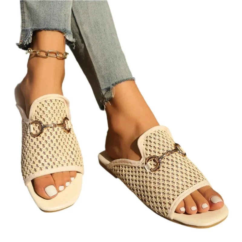 Hollow Square Toe Sandals Summer Fashion Solid Flats Slides Women Beach Shoes