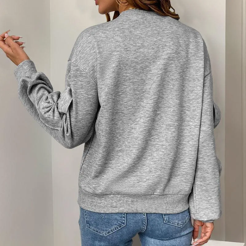 Casual Cool Bow Tie Stitching Women's Gray Round-Neck Sweater
