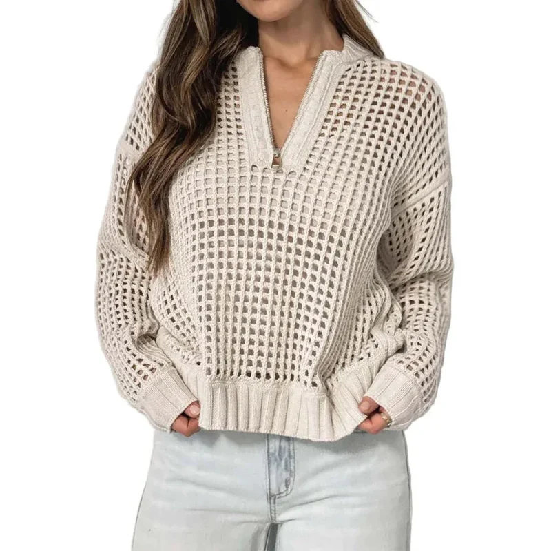 Fashion Women's Wear Pullover Zipper Half Cardigan Hollow Out Sweater