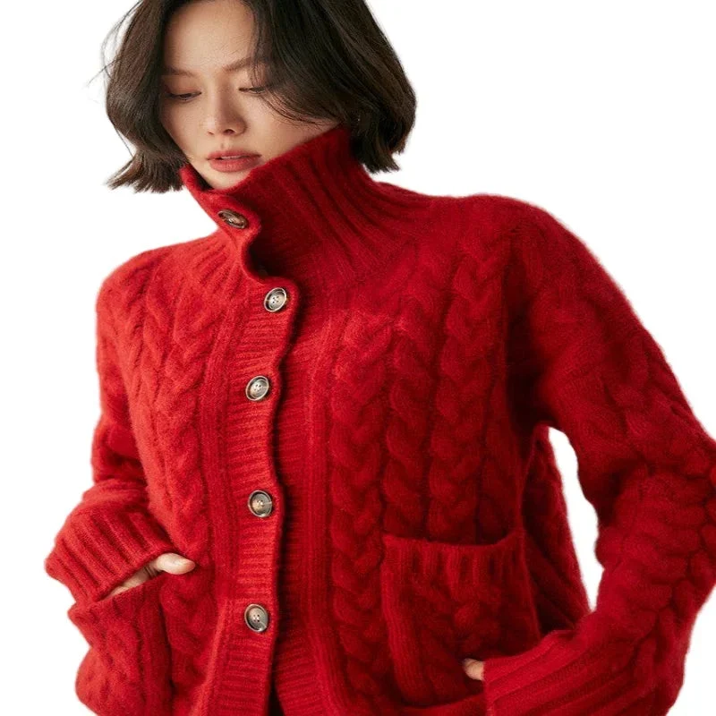 French Style Turtleneck Cashmere Cardigan Sweater For Women