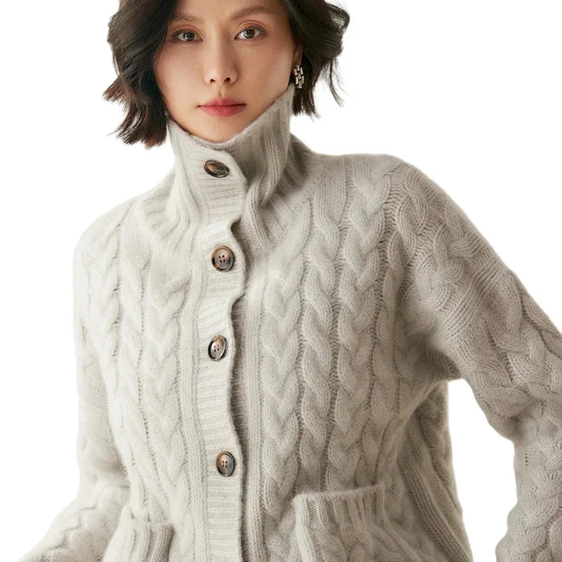 French Style Turtleneck Cashmere Cardigan Sweater For Women