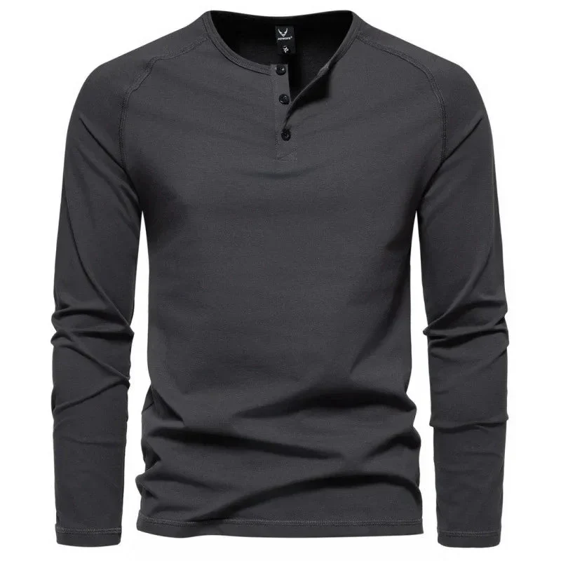 Men's Henry Collar Long-Sleeved Casual Buttoned Solid Color T-Shirt