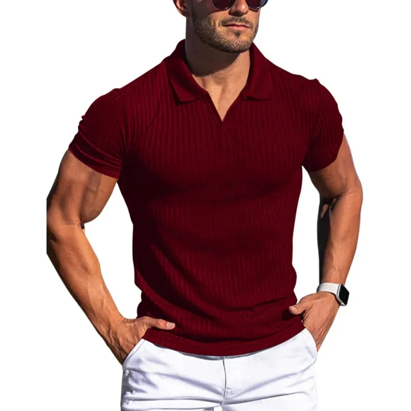 Men's Polo Shirt Lapel V-Neck Vertical Striped Short Sleeve