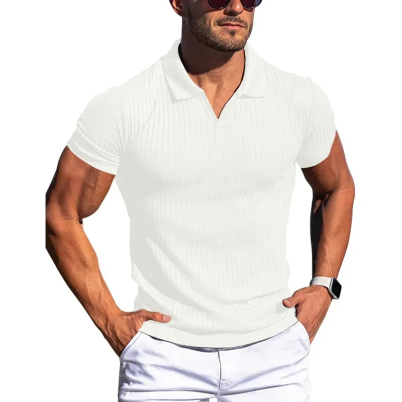 Men's Polo Shirt Lapel V-Neck Vertical Striped Short Sleeve