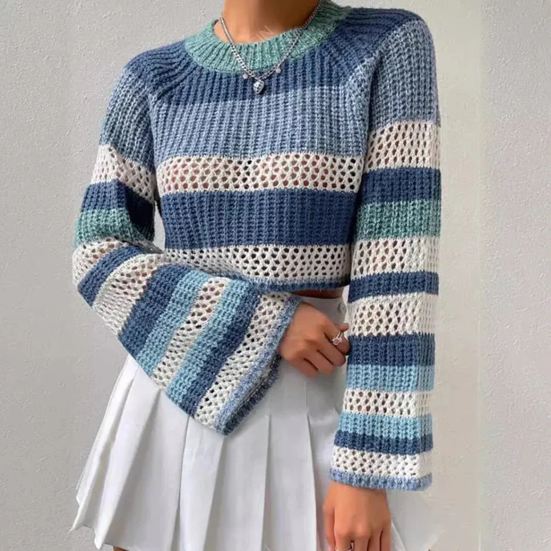 Contrast Color Striped Hollow Short Fashion Women's Sweater