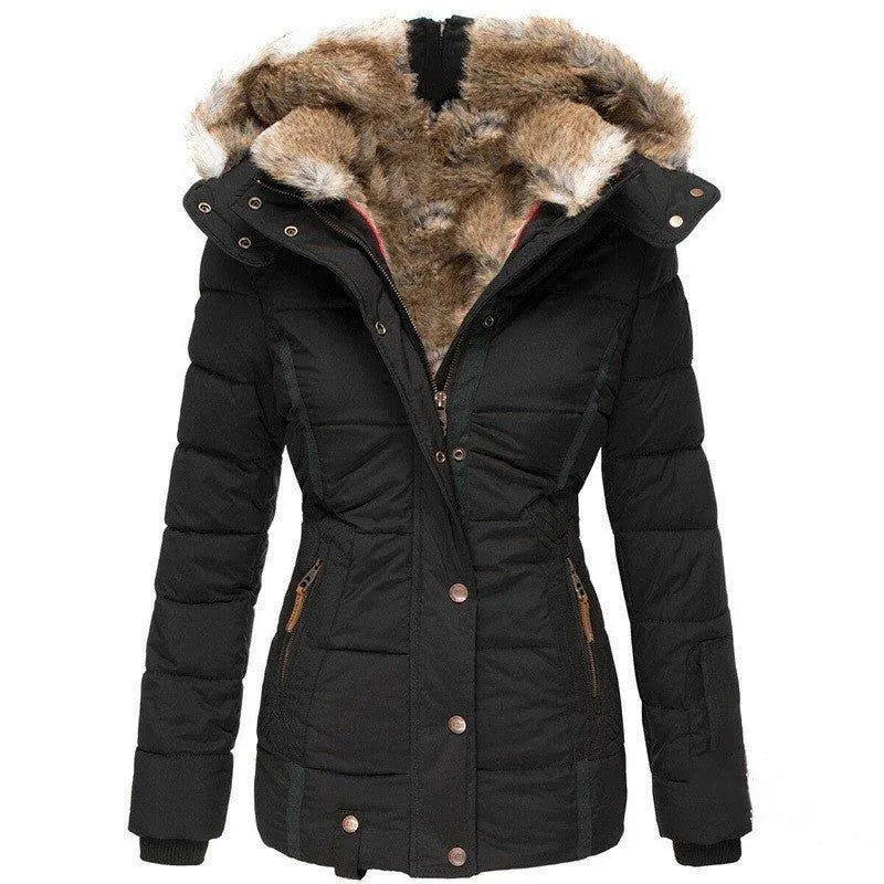Slim-Fit Warm Hooded Winter Jacket With Fur For Women