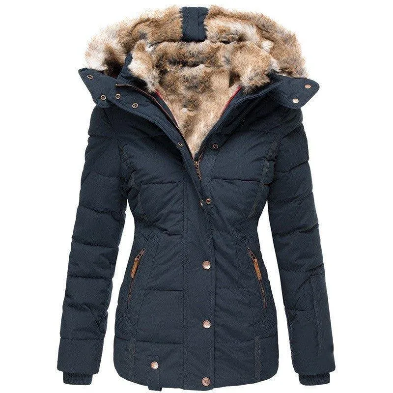 Slim-Fit Warm Hooded Winter Jacket With Fur For Women