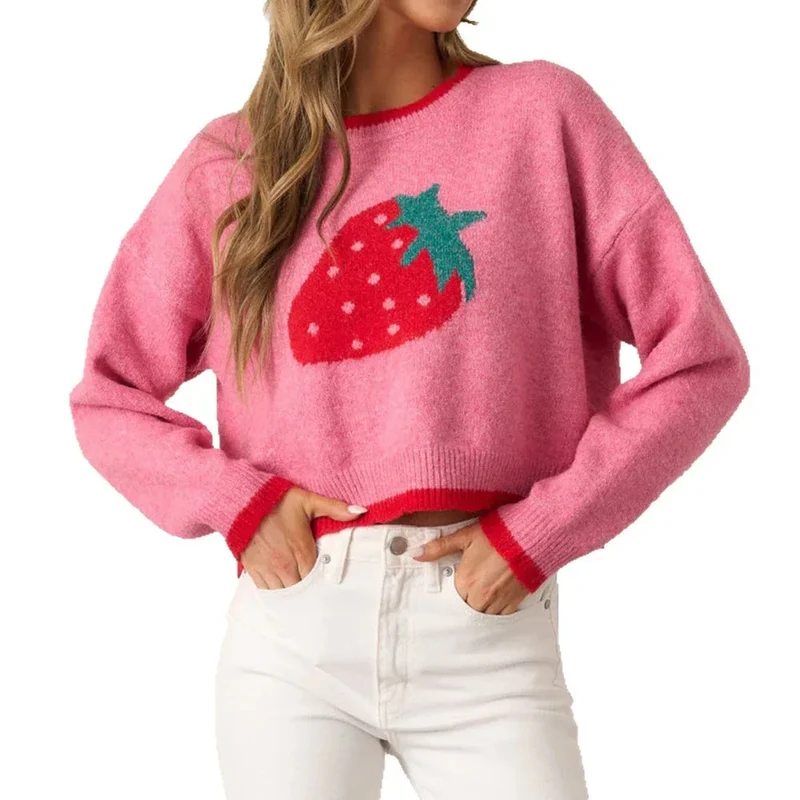 Women's Strawberry Pullover European And American Leisure Short Long-Sleeved Sweater Top