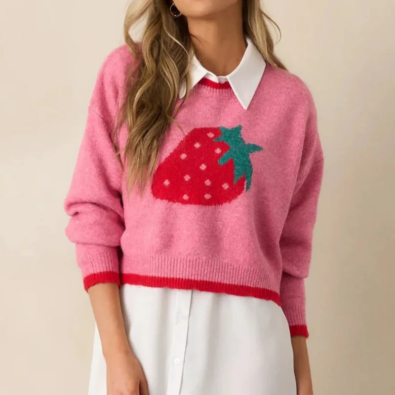 Women's Strawberry Pullover European And American Leisure Short Long-Sleeved Sweater Top