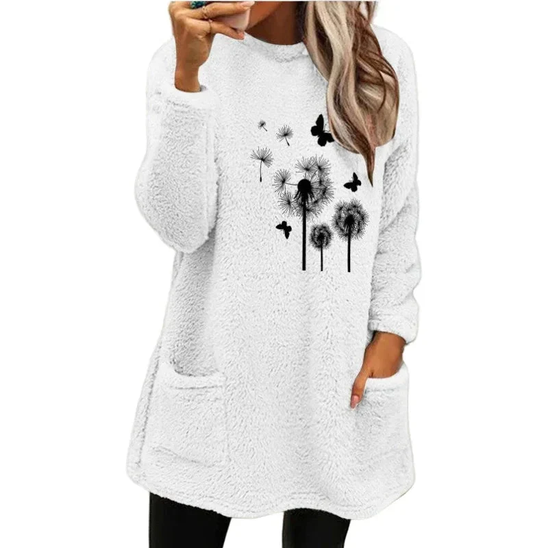 Women's Round Neck Pullover Long Sleeve Pocket Embossed Double-Sided Velvet Sweater