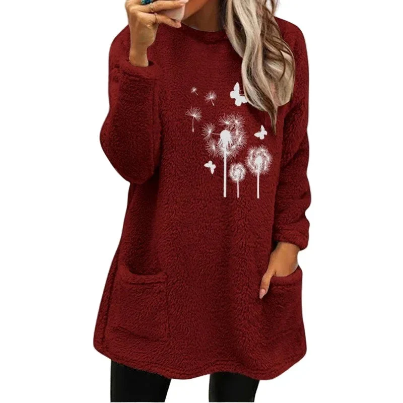 Women's Round Neck Pullover Long Sleeve Pocket Embossed Double-Sided Velvet Sweater