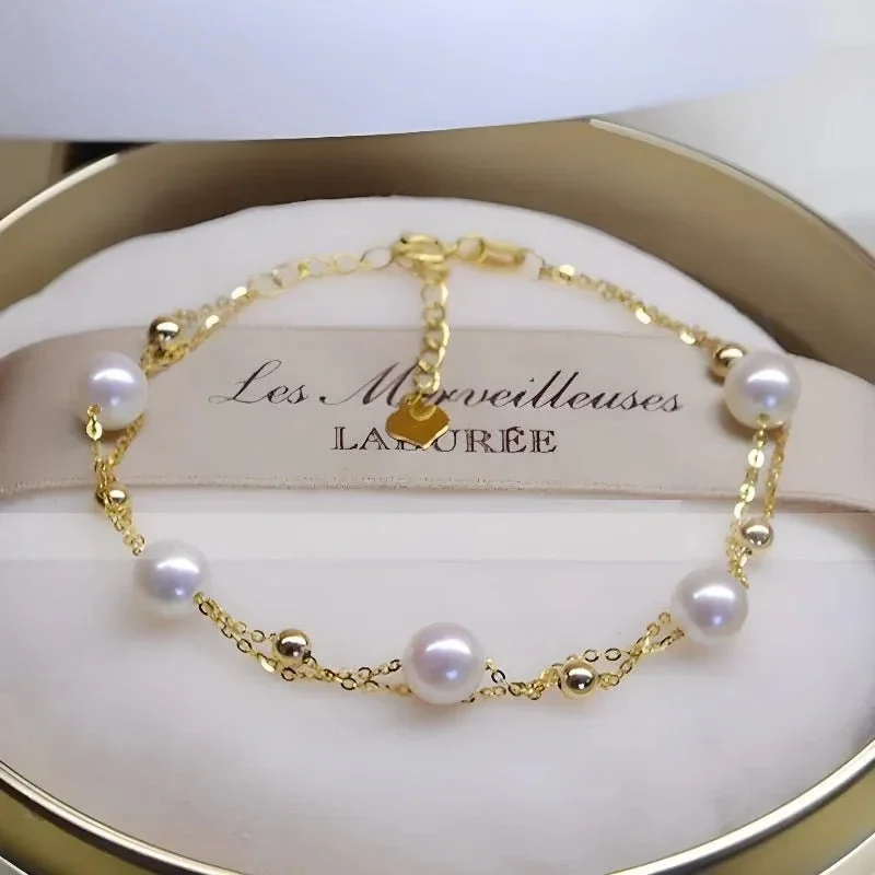 Women's 18K Gold Seawater Pearls Double-Layer Bracelet