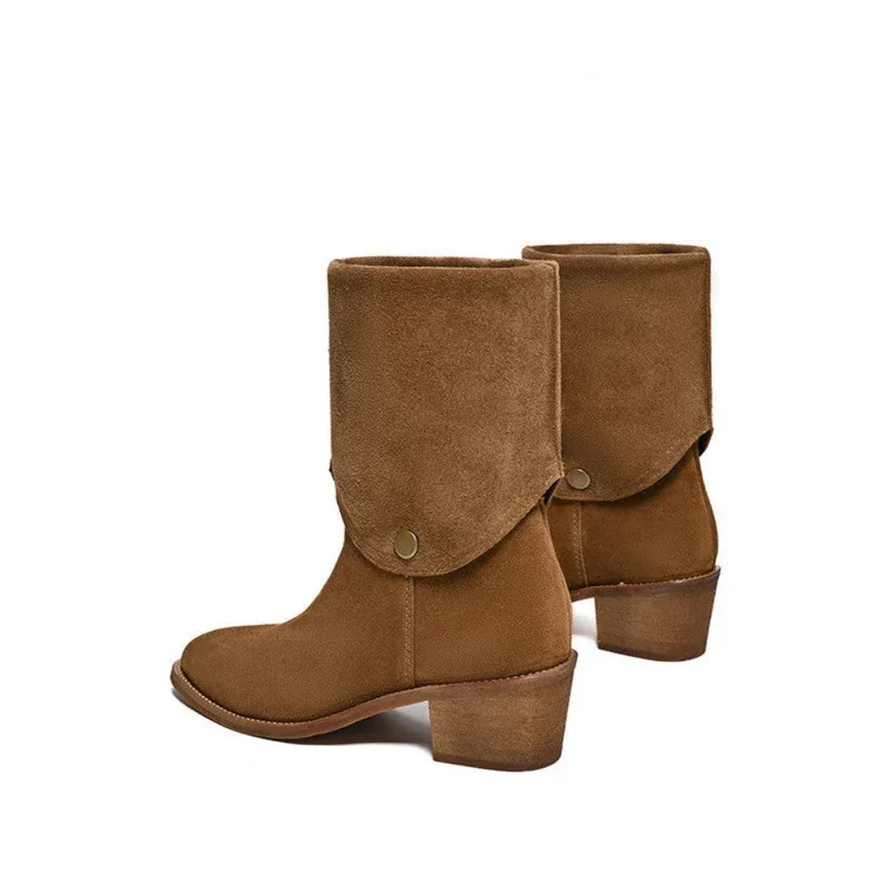 Matte Cowhide Leather Western Denim Pointed-Toe Short Tube Boots For Women