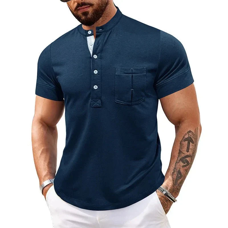 Men's Round Neck Short Sleeve Chest Pocket Polo Shirt