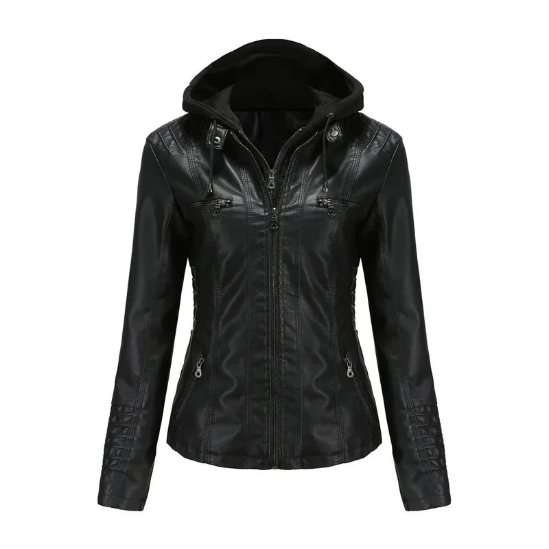 Detachable Two-Piece Hooded Leather Jacket For Women