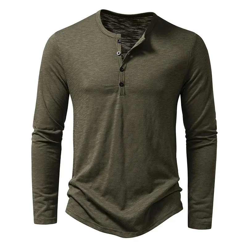 Men's Long-Sleeved T-Shirt Fashion Casual Solid Color Pullover Button Top Autumn And Spring Clothing