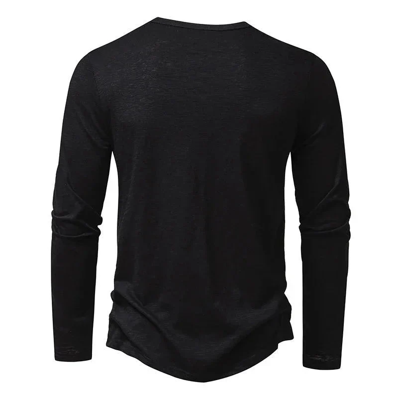 Men's Long-Sleeved T-Shirt Fashion Casual Solid Color Pullover Button Top Autumn And Spring Clothing