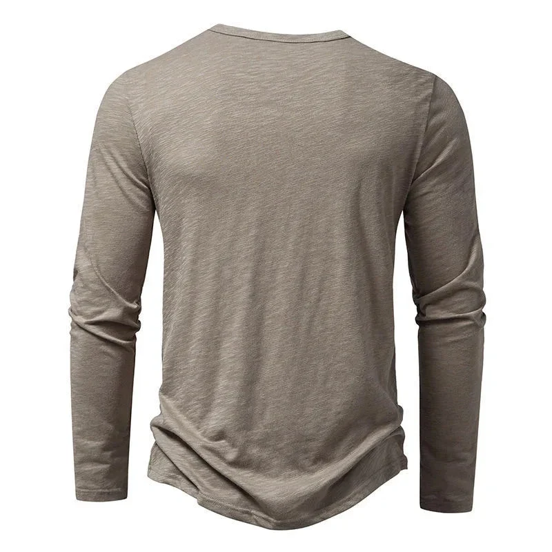 Men's Long-Sleeved T-Shirt Fashion Casual Solid Color Pullover Button Top Autumn And Spring Clothing