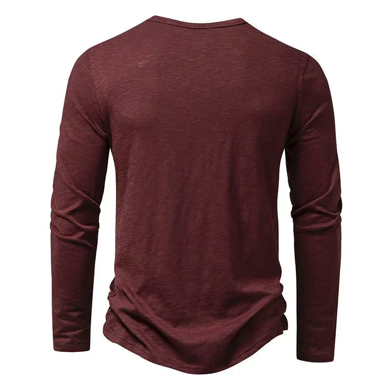 Men's Long-Sleeved T-Shirt Fashion Casual Solid Color Pullover Button Top Autumn And Spring Clothing