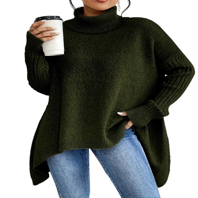 Irregular Turtleneck Sweater Winter Loose Long Sleeve Knitted Tops Leisure Warm Pullover Sweater Women's Clothing