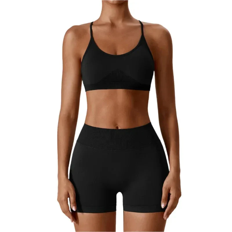 Women's Seamless Open Back Sports Bra & Gym Shorts Quick-Drying Close Fit Gym Clothing Set