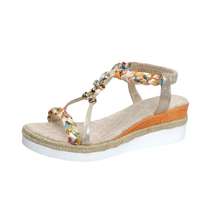 Round Toe Flat Bottom Wedge Woven Beads Sandals For Women