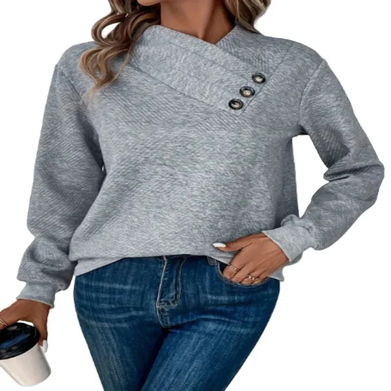 Women's Elegant Asymmetrical Hem Button-Front Long Sleeve Sweatshirt Sweaters