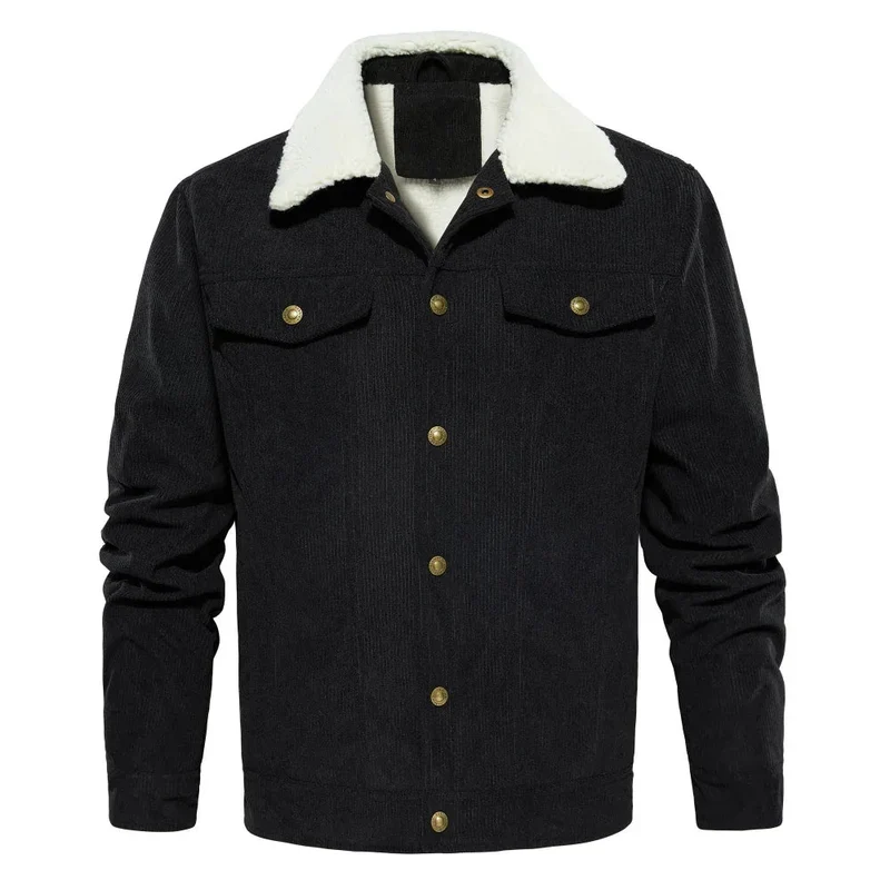 Men's Corduroy Jacket Winter Sherpa Lined Warm Thick Cargo Coat With 5 Pockets