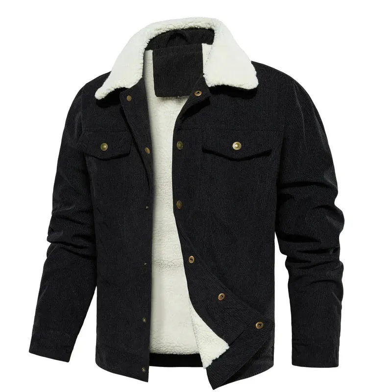Men's Corduroy Jacket Winter Sherpa Lined Warm Thick Cargo Coat With 5 Pockets