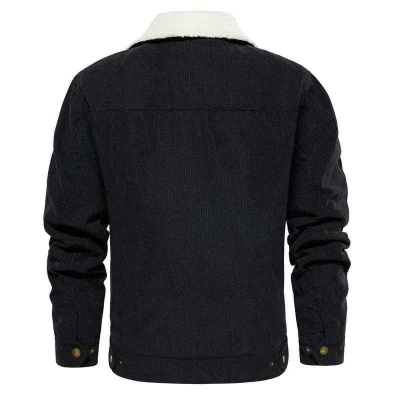 Men's Corduroy Jacket Winter Sherpa Lined Warm Thick Cargo Coat With 5 Pockets