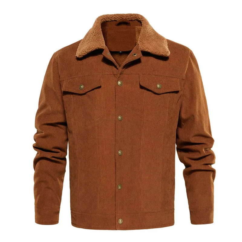 Men's Corduroy Jacket Winter Sherpa Lined Warm Thick Cargo Coat With 5 Pockets
