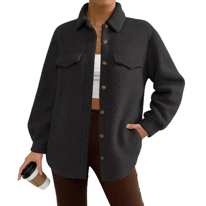Women's Solid Color Long-Sleeved Lapel Fleece Jacket