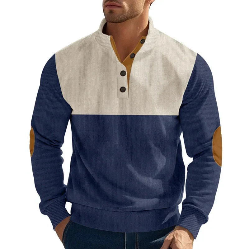 Men's Casual Button Half-Open Stand Collar Fashion Colorblock Sweater