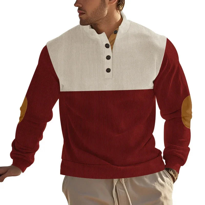 Men's Casual Button Half-Open Stand Collar Fashion Colorblock Sweater