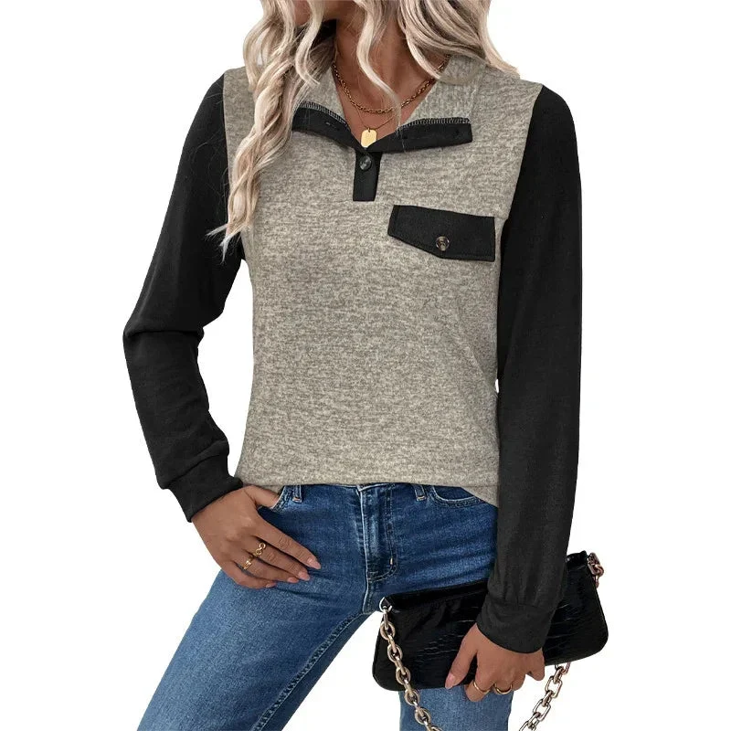 Women's Cardigan Button Color Stitching Stand-Collar Sweater