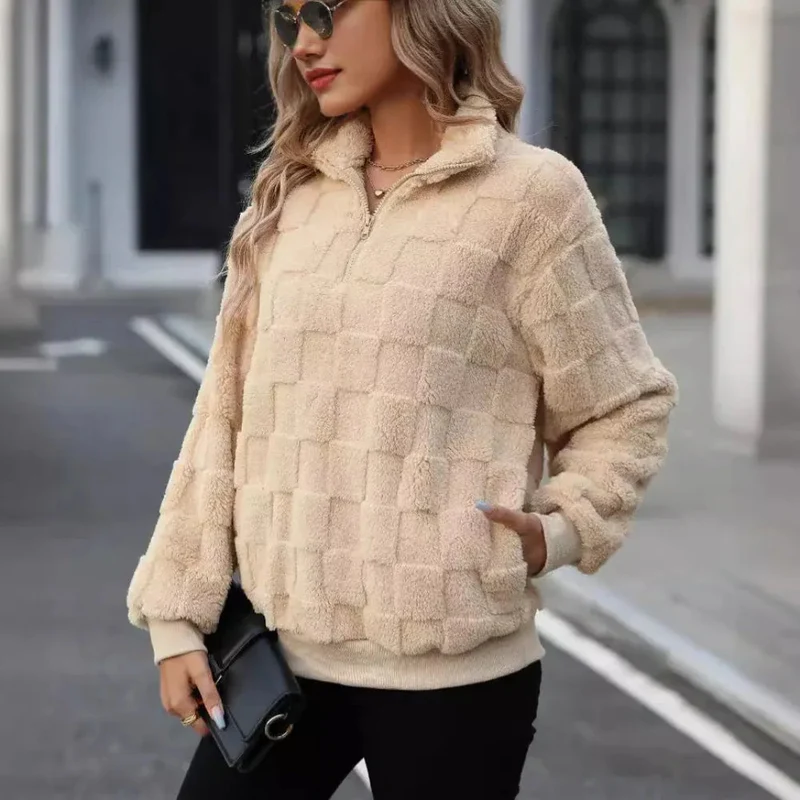 Women's Half Zipped Stand Collar Loose Plaid Plush Pullover Sweater