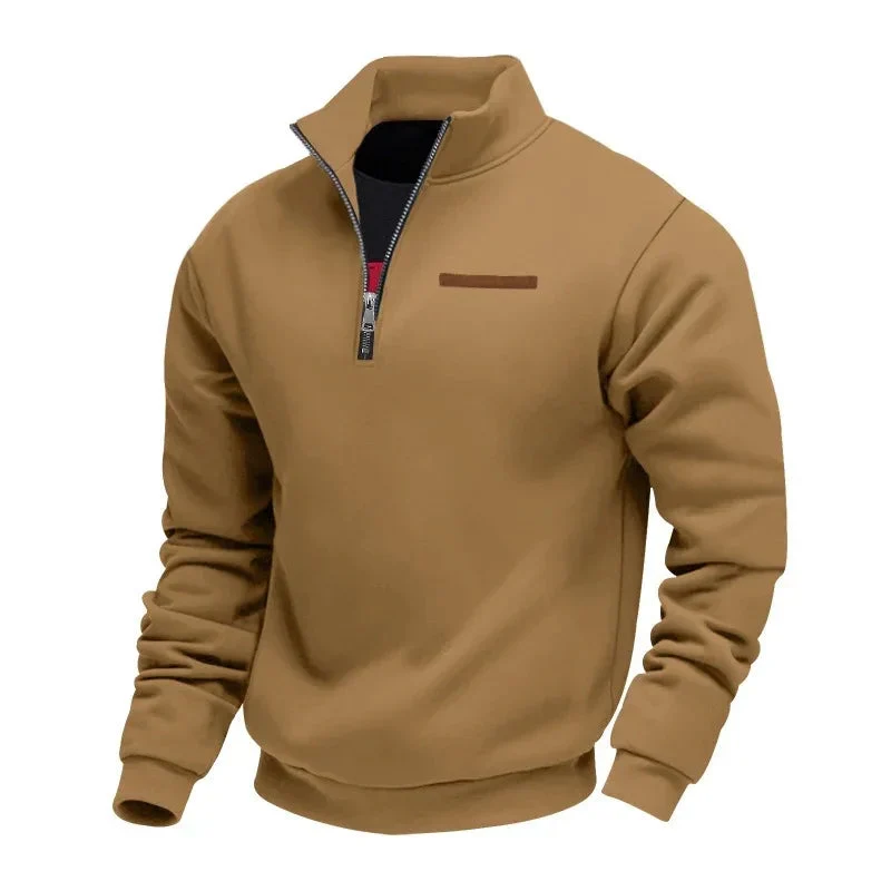 Fleece-Lined Mid-Length Zip-Up Loose-Fit Stand-Up Collar Casual Sweater
