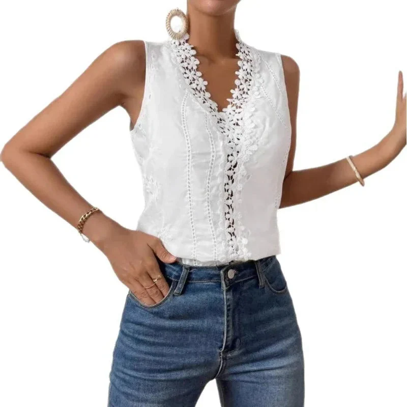 Women's Solid Color Lace Stitching Loose Strap Vest Top