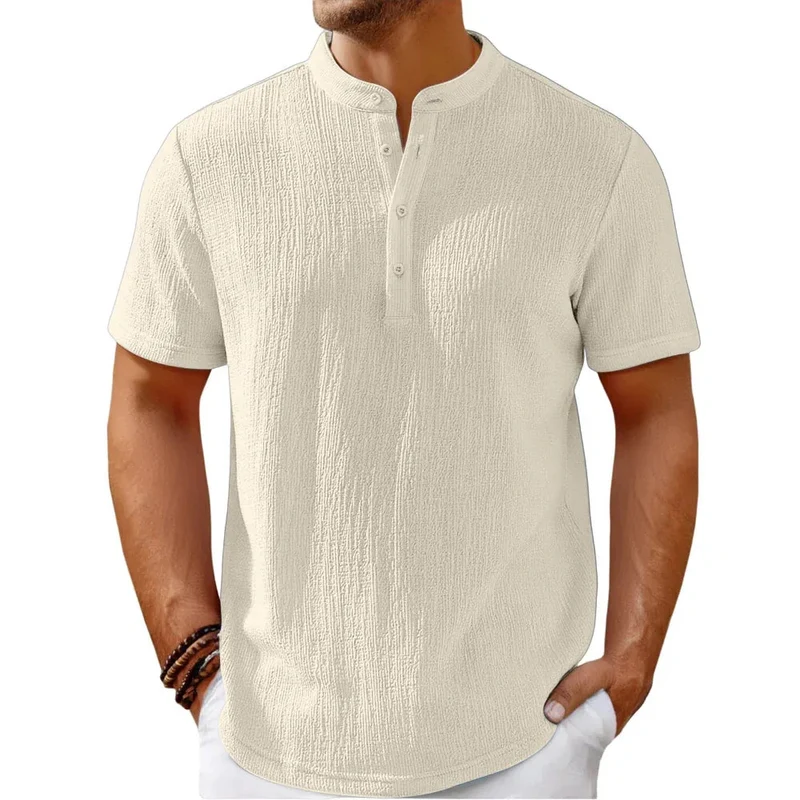 Men's Retro Cotton And Linen Striped Casual Loose Henley Shirt