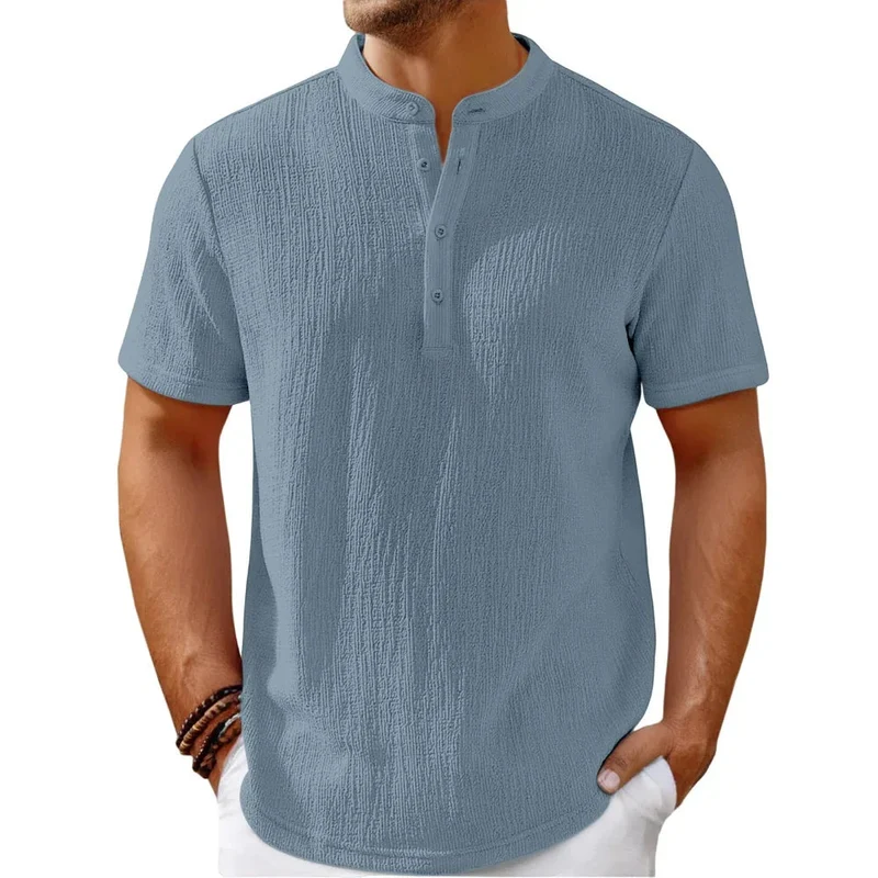 Men's Retro Cotton And Linen Striped Casual Loose Henley Shirt