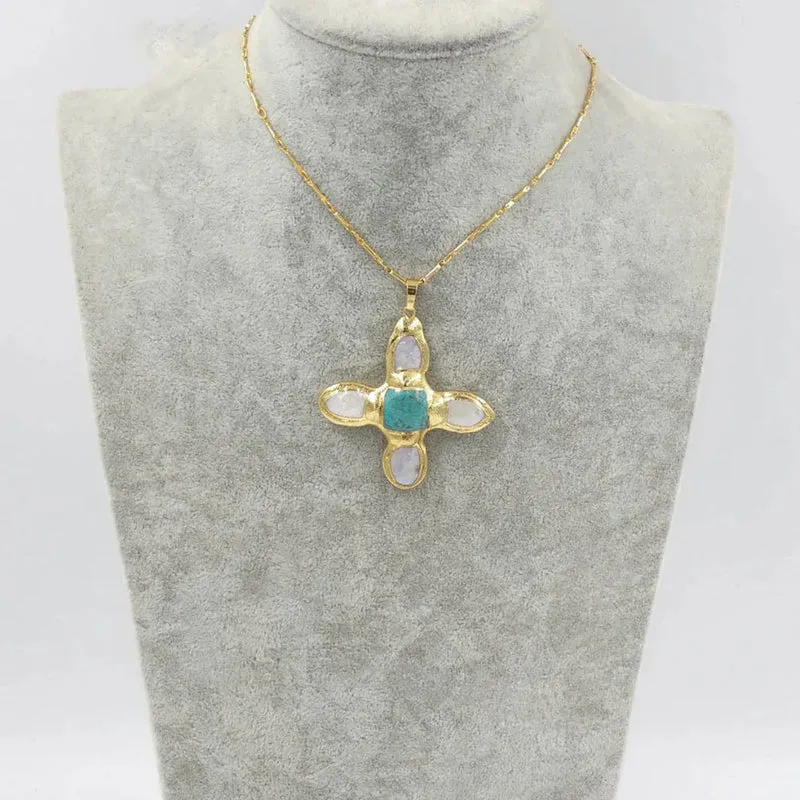 Cross Shape Turquoise Freshwater Pearl 18K Gold-Plated Inlaid Pendant Necklace