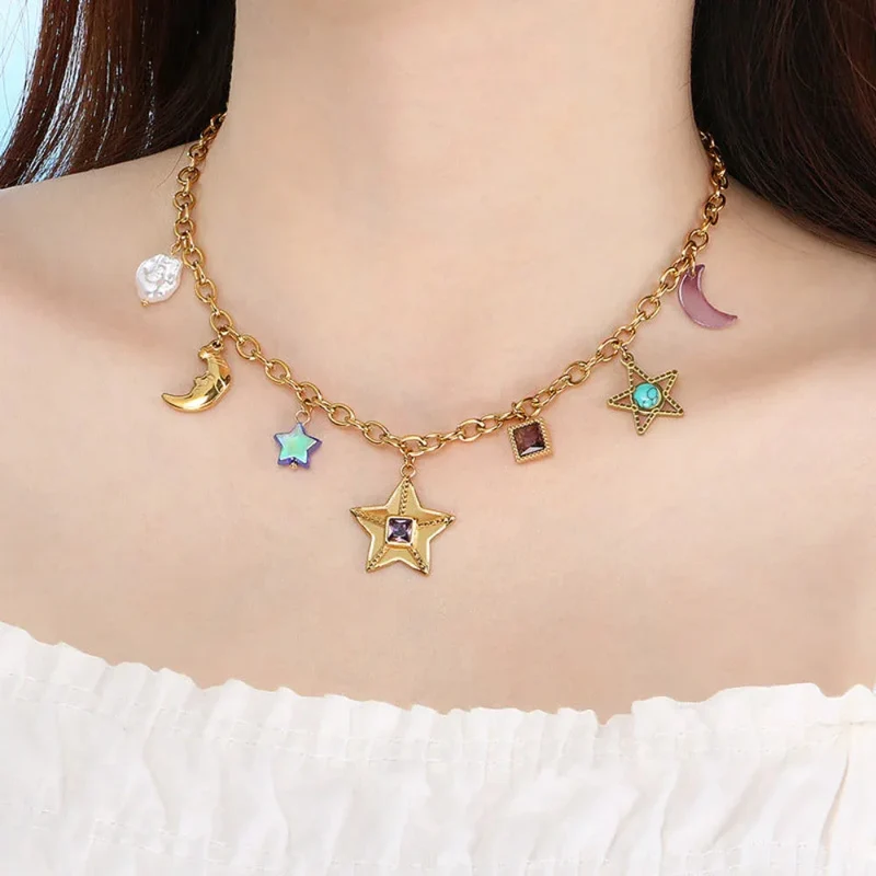 Fashion Personality Star Moon Color Artificial Glass Pearl Stainless Steel Women's Necklace