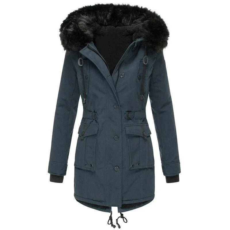 Women's Mid-Length Thick Hooded Drawstring Winter Jacket