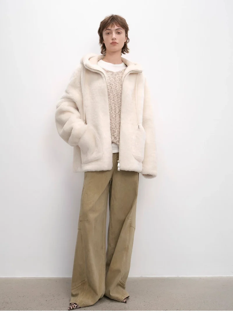 Casual hooded silhouette dropped shoulder wool sheepskin fur coat for women