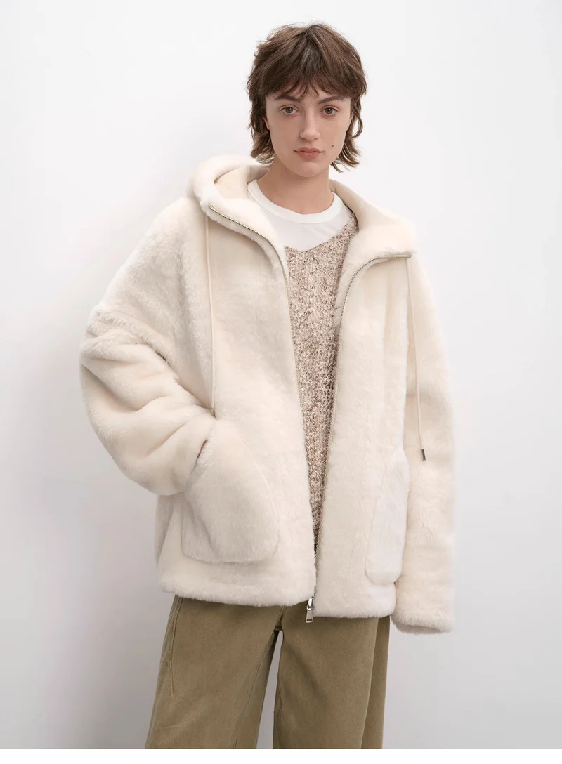 Casual hooded silhouette dropped shoulder wool sheepskin fur coat for women
