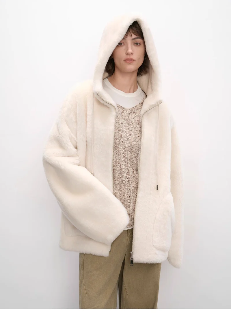 Casual hooded silhouette dropped shoulder wool sheepskin fur coat for women