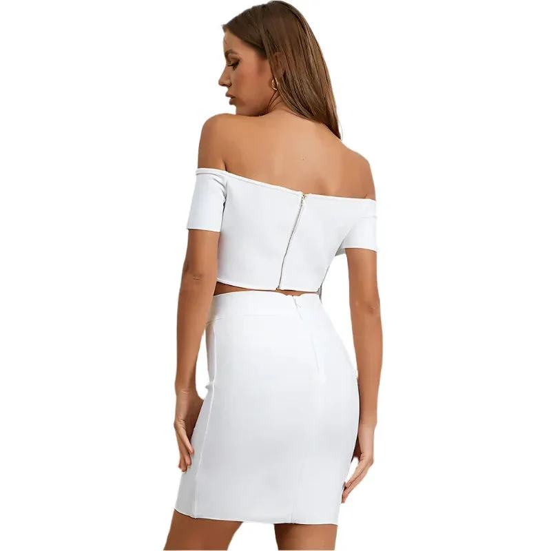 Two Piece Set Hollow One Shoulder Top High Waist Bag Hip Skirt