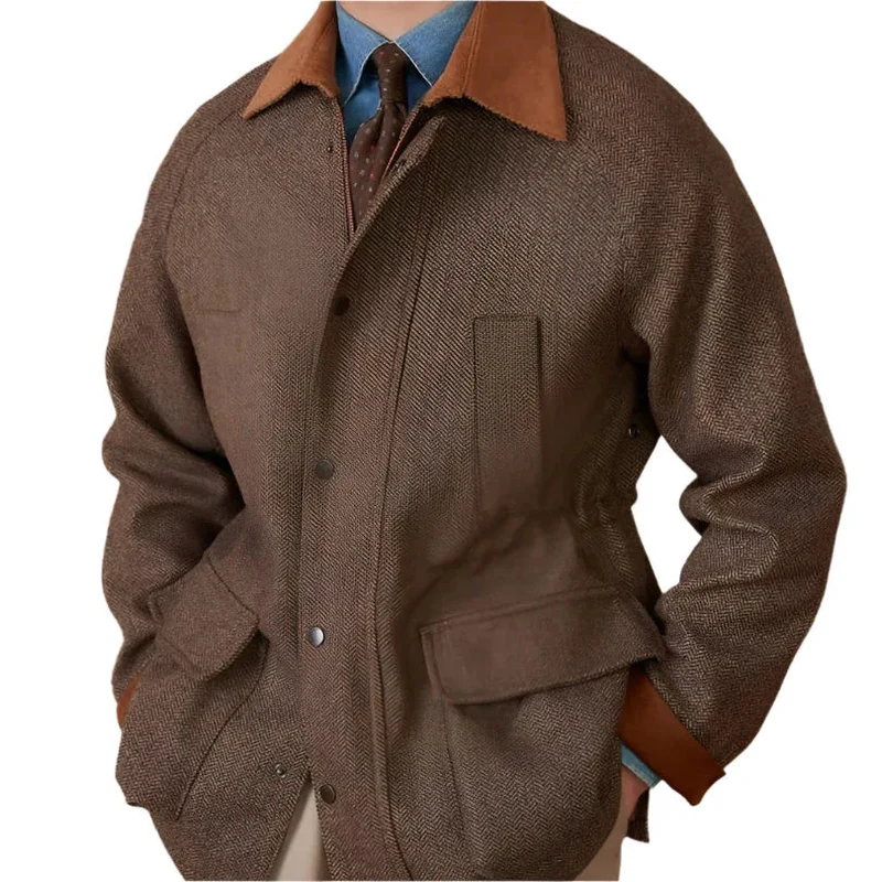 Woolen Safari Jacket All-Matching Stitching Warm Retro Coat