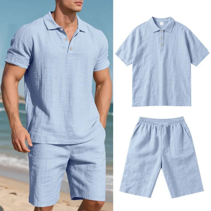 Summer Men's Loose Casual Linen Breathable Short Sleeve Shirts & Shorts Clothing Set